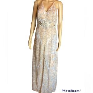 T- Back Halter Maxi Dress Crocheted Waist Tan Nude White Size Small
